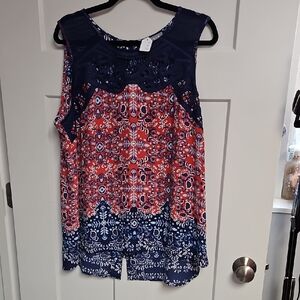 Sleeveless Navy and Coral Printed Tank Top
